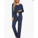 Blue(heart Print)   Womens Pajama Set Long Sleeve Pajamas Round Neck Lounge Soft Pjs S-XXL