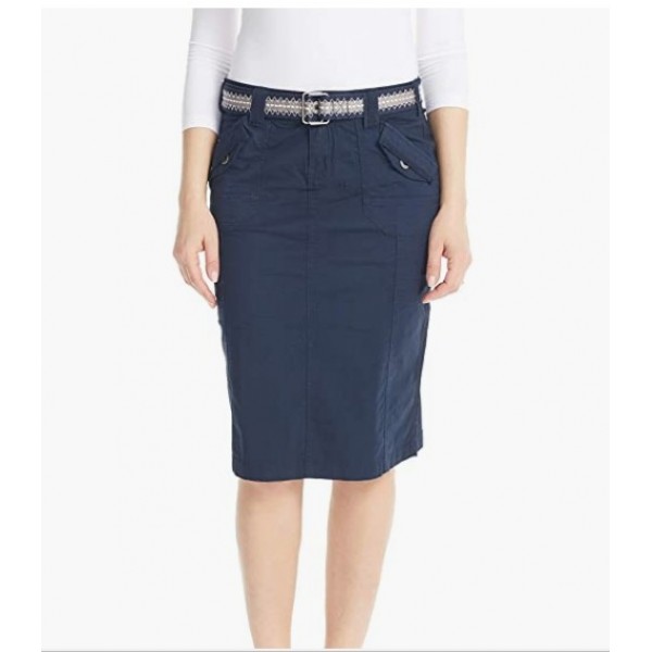 Navy  Women's Cargo Skirt Knee Length - Cotton Stretch Poplin - Virginia